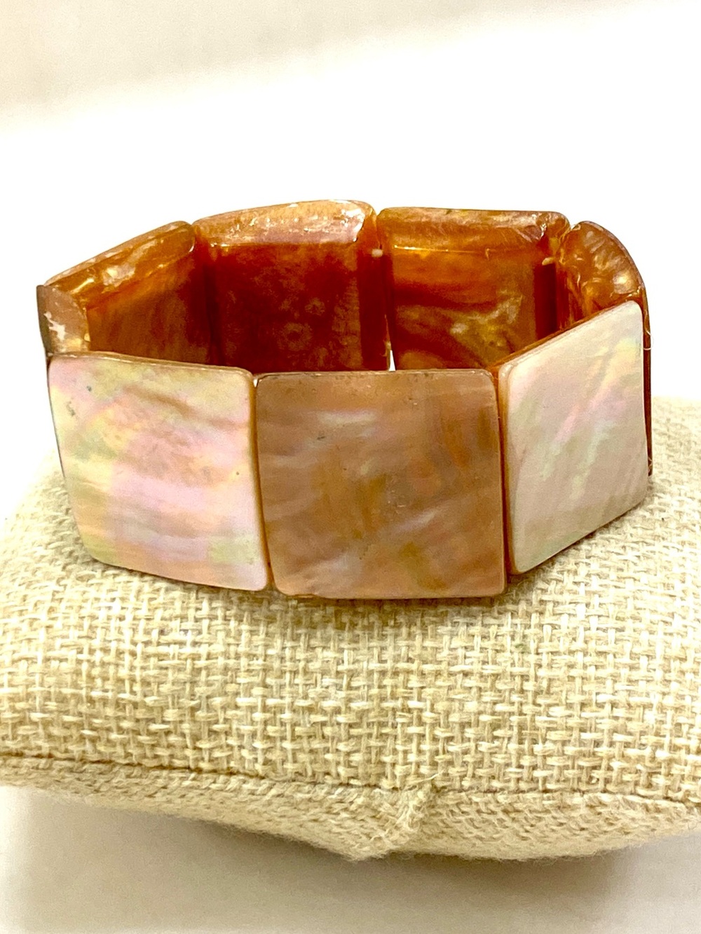 Iridescent Handcrafted Peach Shell Tile Stretch Bracelet